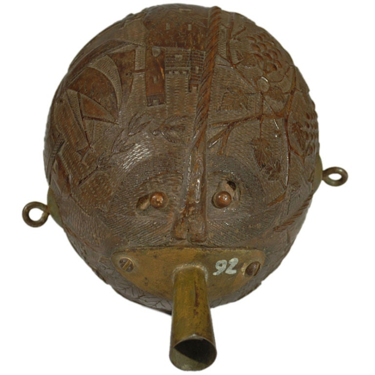 Rare Antique Maritime Carved Coconut Powder Flask - Circa 1880