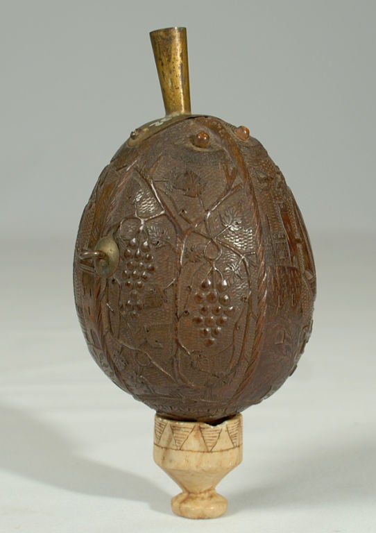 Rare Antique Maritime Carved Coconut Powder Flask - Circa 1880 In Excellent Condition In San Francisco, CA