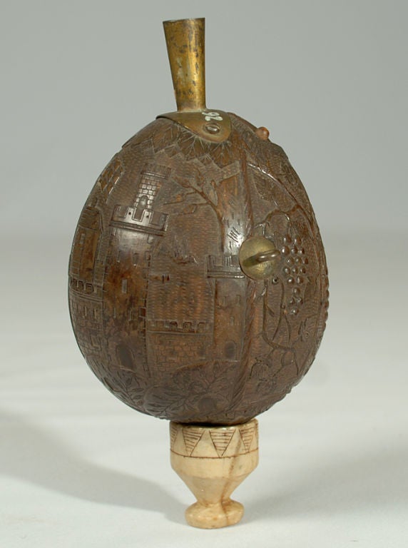 19th Century Rare Antique Maritime Carved Coconut Powder Flask - Circa 1880