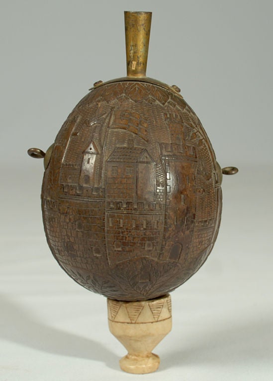 Rare Antique Maritime Carved Coconut Powder Flask - Circa 1880 1