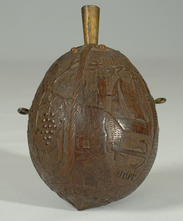 Rare Antique Maritime Carved Coconut Powder Flask - Circa 1880 2