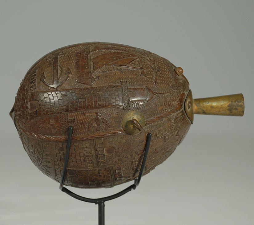 Rare Antique Maritime Carved Coconut Powder Flask - Circa 1880 3