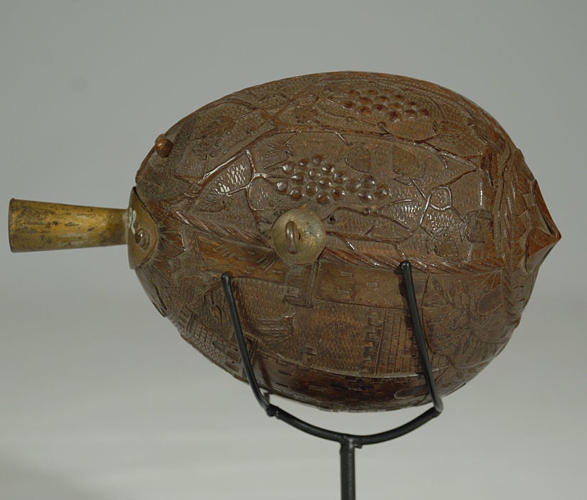 Rare Antique Maritime Carved Coconut Powder Flask - Circa 1880 4