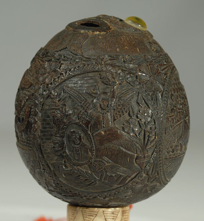 Rare Antique Mexican Carved Coconut Bank 2