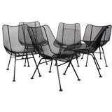 6 Wrought Iron and Mesh Dining Chairs by Russell Lee Woodard Co.