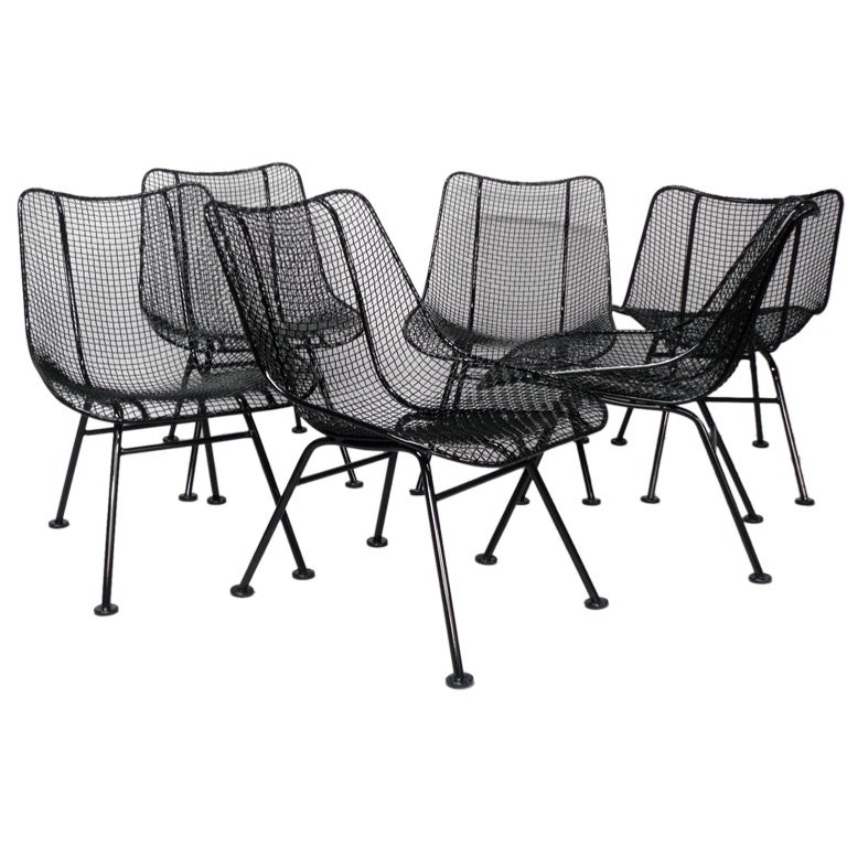 6 Wrought Iron and Mesh Dining Chairs by Russell Lee Woodard Co.