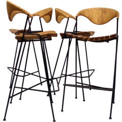 Four Wrought Iron, Wood, Cane Wrapped Barstools by Arthur Umano