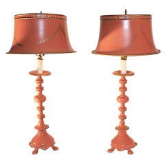 A Pair of Orange Tole Decorated Metal Lamps