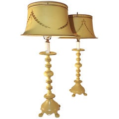 A Pair of Yellow Tole Decorated Metal Lamps with Original Metal