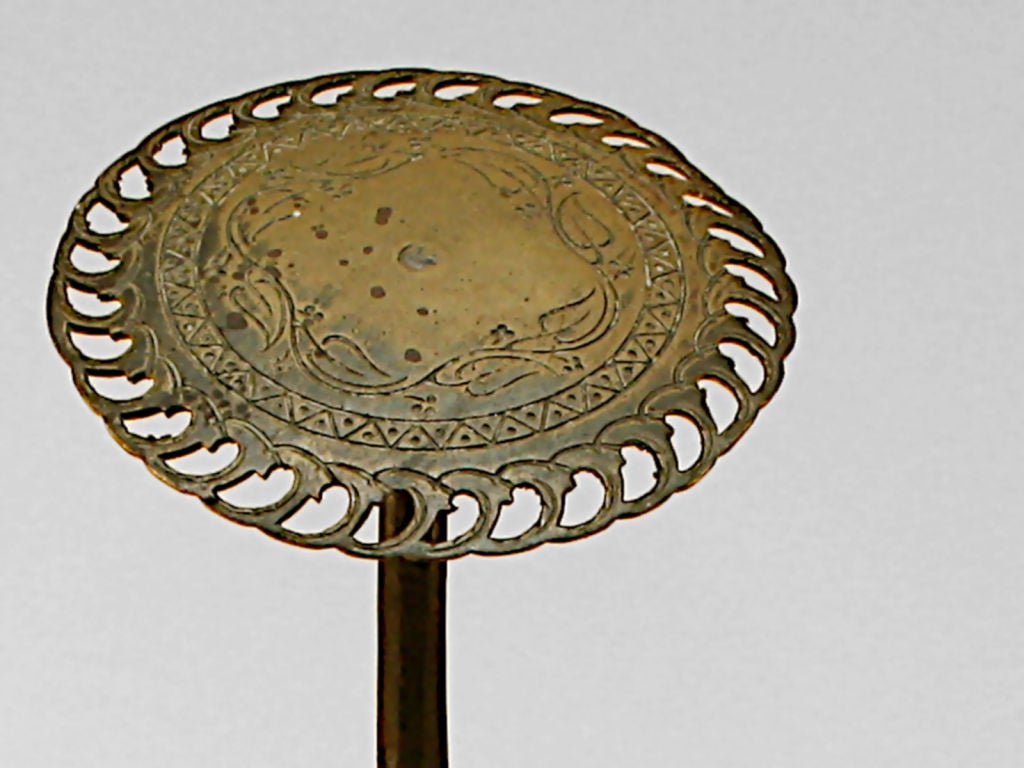 Arts and Crafts Mission Andirons Brass top with pierced edges and hand decoration, wrought iron base