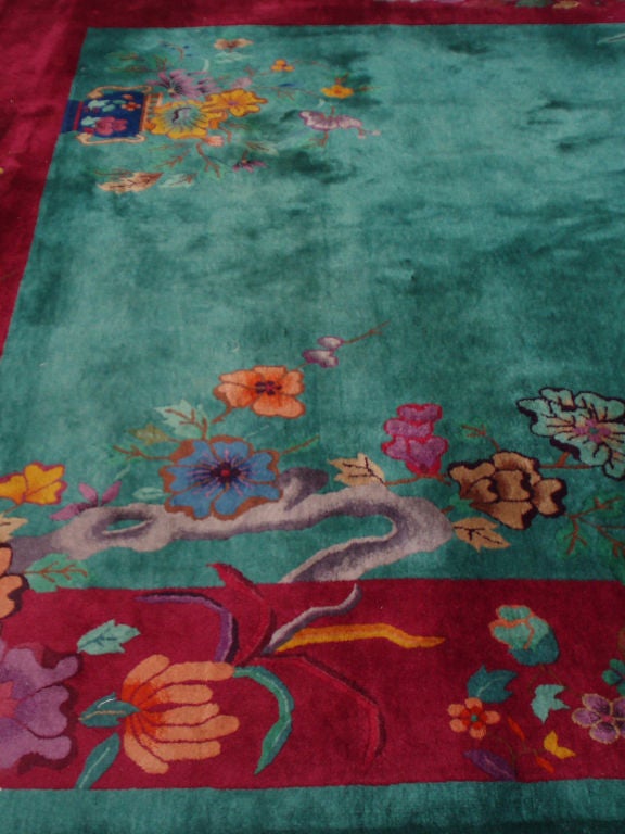 A Nichols Chinese Art Deco Rug Green Field In Excellent Condition In Ferndale, MI