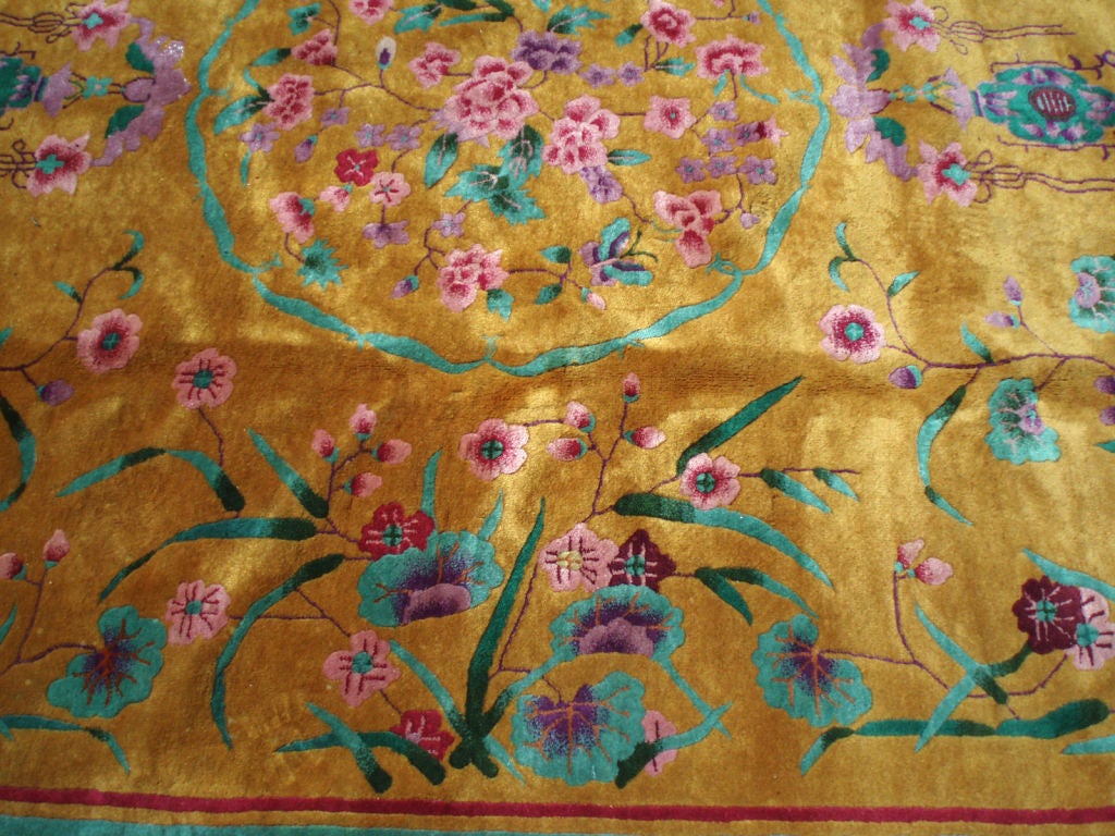 American A Nichols Chinese Art Deco Rug with Marigold Mustard Field