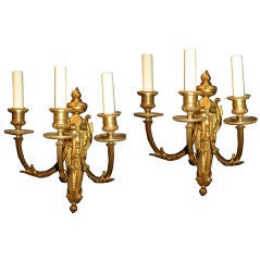 PAIR OF LOUIS XVI GILT BRONZE 3 ARM SCONCES