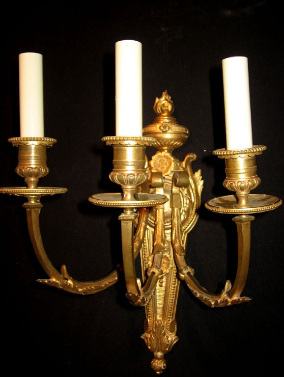 PAIR OF LOUIS XVI GILT BRONZE 3 ARM SCONCES