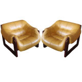 Pair of Leather and Rosewood Armchairs by Lafer of Brazil