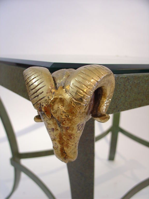 Late 20th Century Maison Jansen Style Brass and Metal End Table with Ram's Heads For Sale