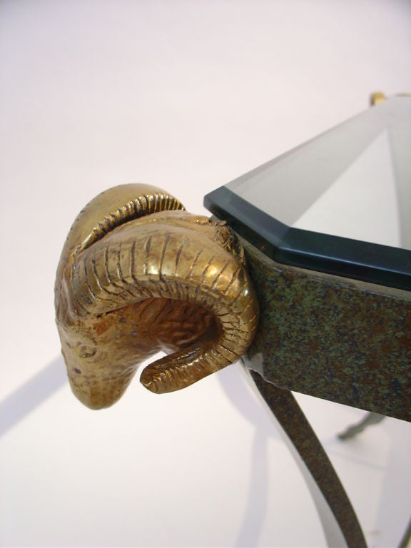 Mid-Century Modern Maison Jansen Style Brass and Metal End Table with Ram's Heads For Sale