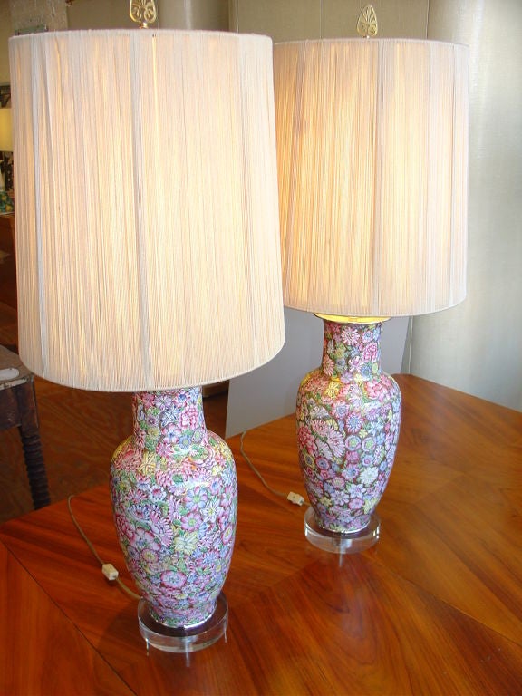 Ceramic Pair of Chinese Painted Enamel Millefleurs Lamps on Lucite Bases