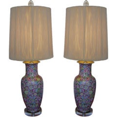 Pair of Chinese Painted Enamel Millefleurs Lamps on Lucite Bases