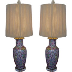 Pair of Chinese Painted Enamel Millefleurs Lamps on Lucite Bases