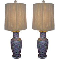 Pair of Chinese Painted Enamel Millefleurs Lamps on Lucite Bases