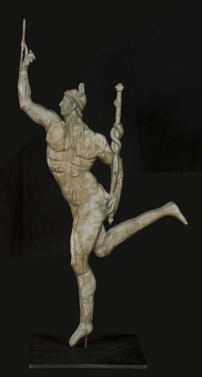 WEATHERVANE  IN THE FORM OF THE GOD MERCURY, ACCOMPANIED BY ITS ORIGINAL, CARVED WOODEN MOLD, AN UNDOCUMENTED FORM, 1870-90, BOSTON:<br />
 <br />
Some of the earliest known weathervanes were in the form of Greek gods.  Discovered in a basement in