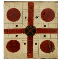 Antique CHRIMSON RED & BLACK PARCHEESI GAME BOARD ON OYSTER WHITE GROUND