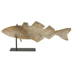 HOMEMADE WOODEN FISH WEATHERVANE WITH GREAT SILVERED PATINATION
