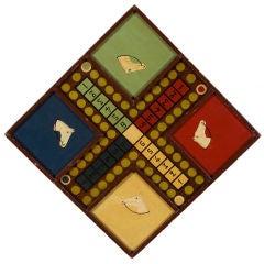 HOMEMADE PARCHEESI GAME BOARD WITH HORSE IMAGES, 1910-1940