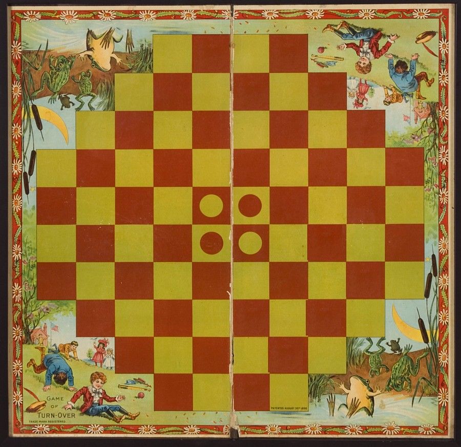THE GAME OF TURN-OVER, 1898 BOARDGAME GAME BOARD WITH TUMBLING FROGS AND CHILDREN:

Antique lithographed board games pair up fantastically with collections of wooden, paint-decorated game boards. This one is the game of Turn-Over. Dated 1898 in