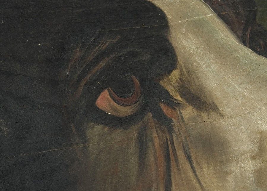 LATE 19TH CENTURY PAINTING OF A DOG ON A WOODEN CHARGER: