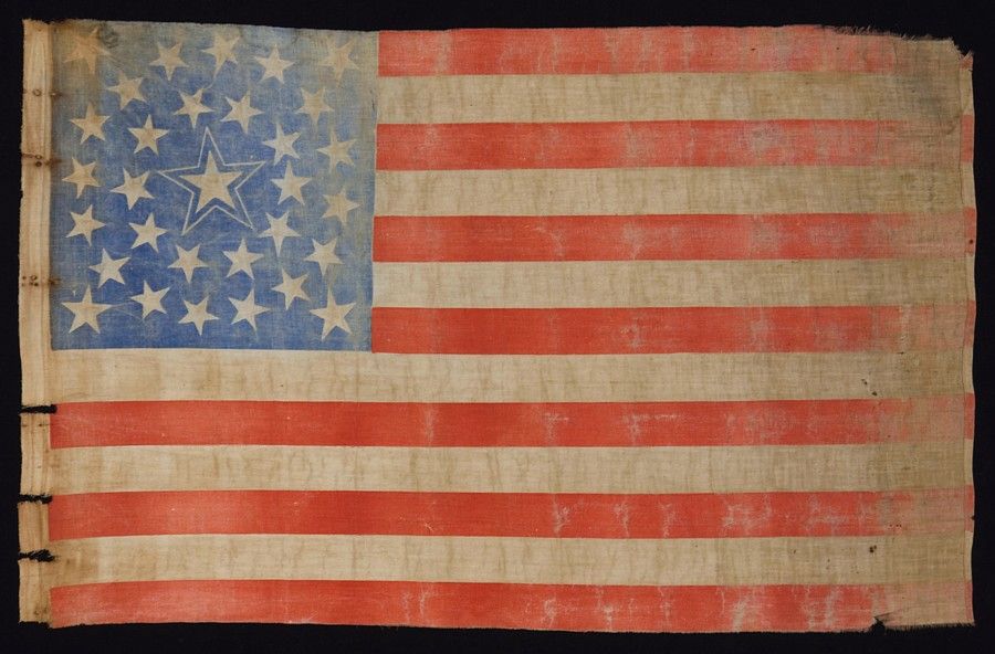 31 star American National flag, printed on cotton, with a beautiful medallion configuration the surrounds a huge center.  The large star represents the newest state to join the union, California, which acquired statehood in 1850, immediately