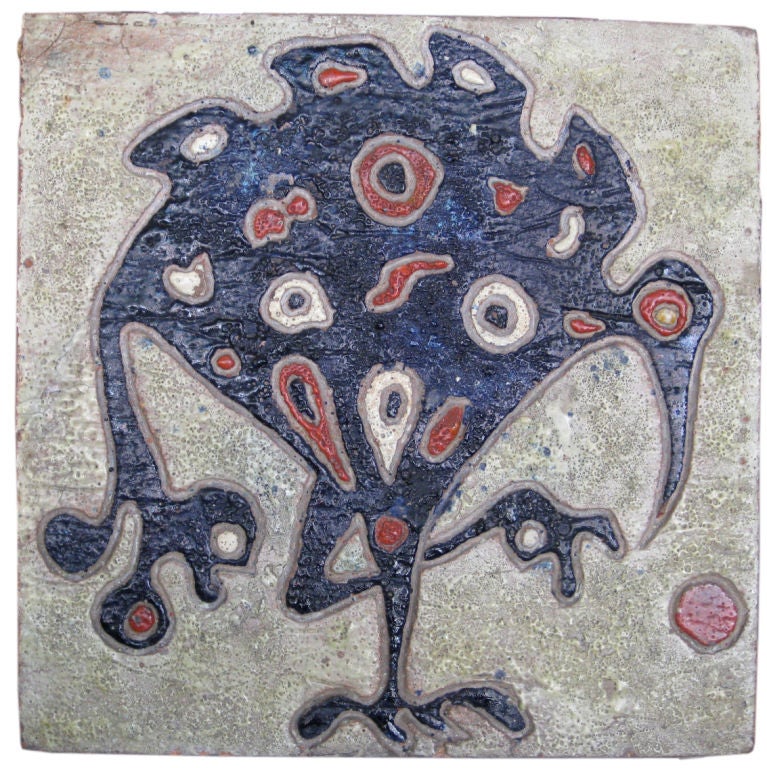 Large 24" x 24"  Glazed Ceramic Tile of Abstract Bird c.1950
s