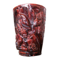 1946 Studio Ceramic Vase w/ Carved Allegorical Figures Signed
