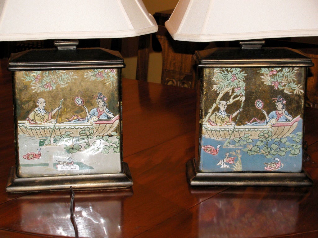 Pair of Reverse Painted Glass Lamps