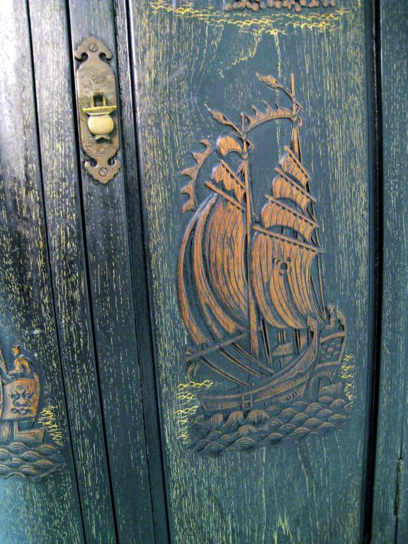 Chinoiserie Cabinet Depicting 18th Century Schooners.