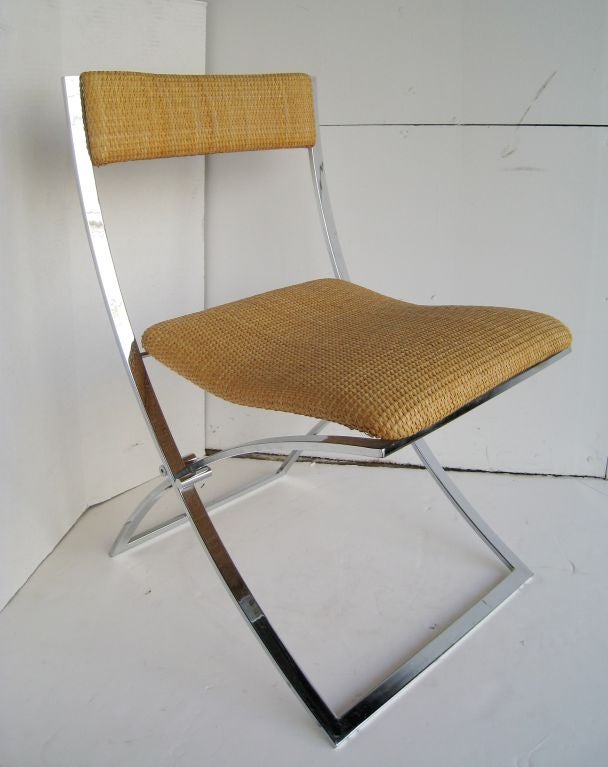 Pair of Italian Chrome and Rattan Chairs In Excellent Condition For Sale In Los Angeles, CA