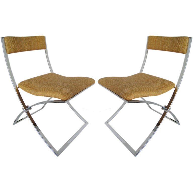 Pair of Italian Chrome and Rattan Chairs For Sale