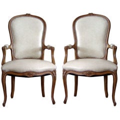 Pair of Fruitwood and Leather  Fauteuils