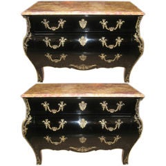 Pair of Vintage Louis XV Style Black Lacquered Commodes