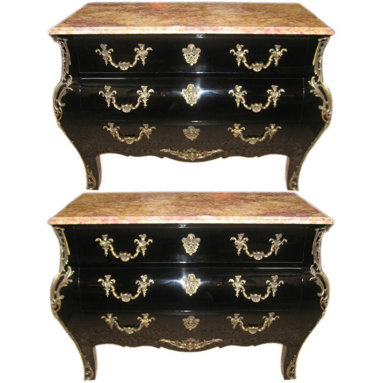 Pair of Vintage Louis XV Style Black Lacquered Commodes