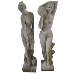 Large Pair of Stone Sculptures of Women Bathing