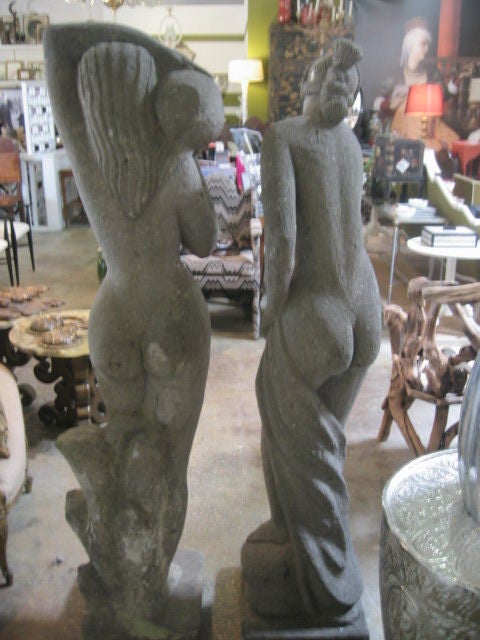 Large Pair of Stone Sculptures of Women Bathing