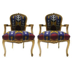 Pair of Louis XV Gilt Armchairs Upholstered in Silk Ikat Fabric