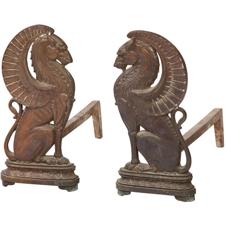 Pair of Bronze Art Deco Griffin form Andirons