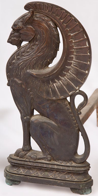 French Pair of Bronze Art Deco Griffin form Andirons