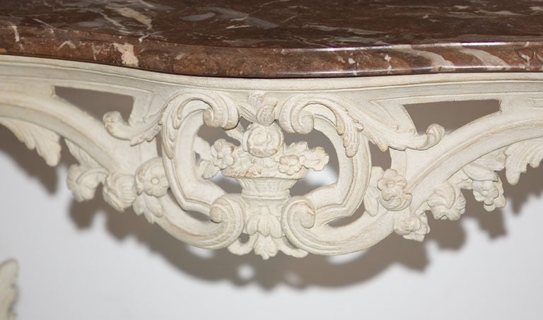 Pair of Louis XV painted marble top rococo console tables