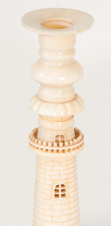 Unique pair of Anglo-Indian Ivory candlesticks in the <br />
form of lighthouses
