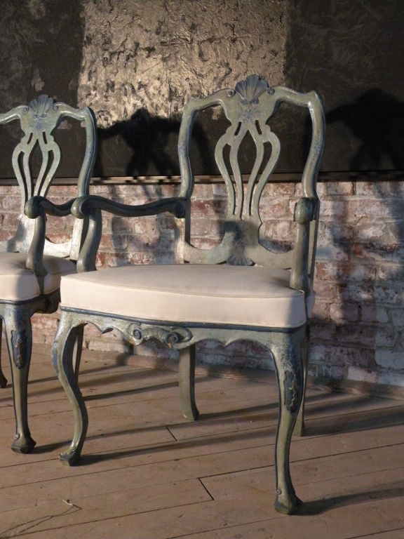Wood Pair of Italian Rococo Painted Armchairs
