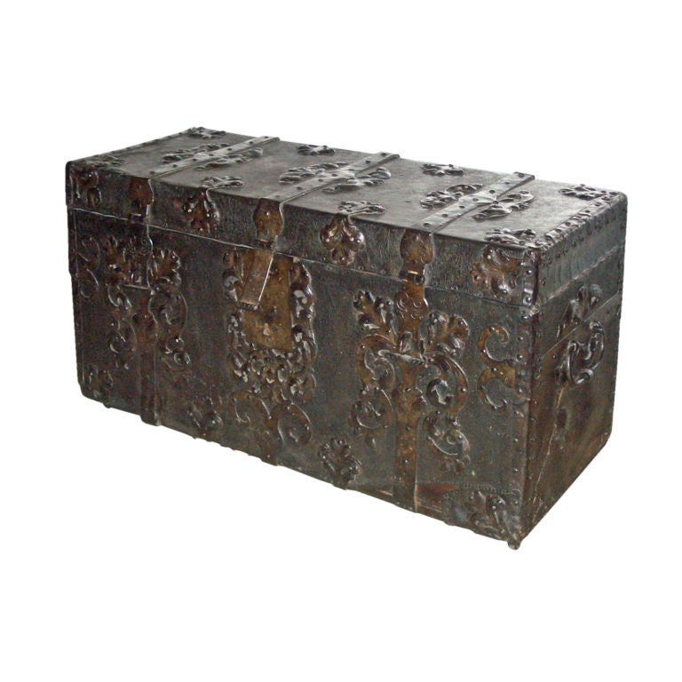 French Baroque 17th Century Iron Bound Leather Chest or Coffer For Sale